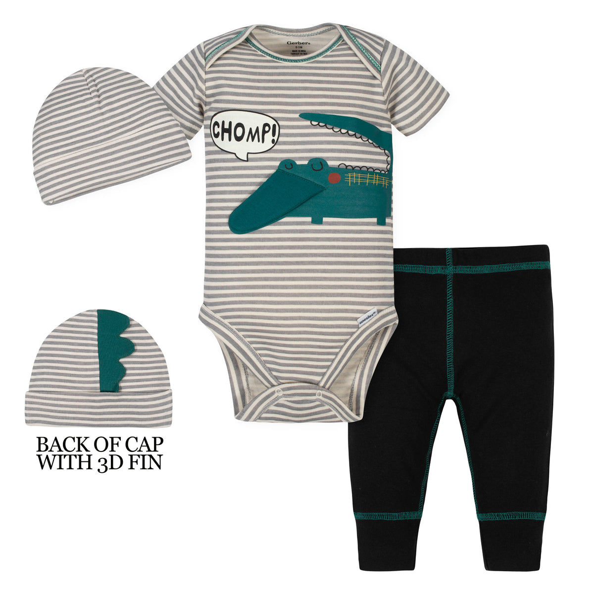 3-Piece Baby Boys Alligator Bodysuit, Pant, and Cap Set
