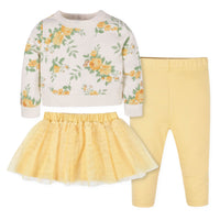 3-Piece Baby & Toddler Girls Golden Flowers French Terry Top, Tulle Tutu, & Legging Set