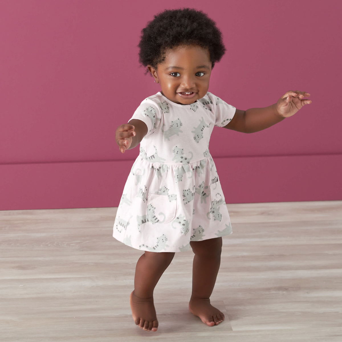 Baby Girls Floral Leopard Dress With Pockets, view 3