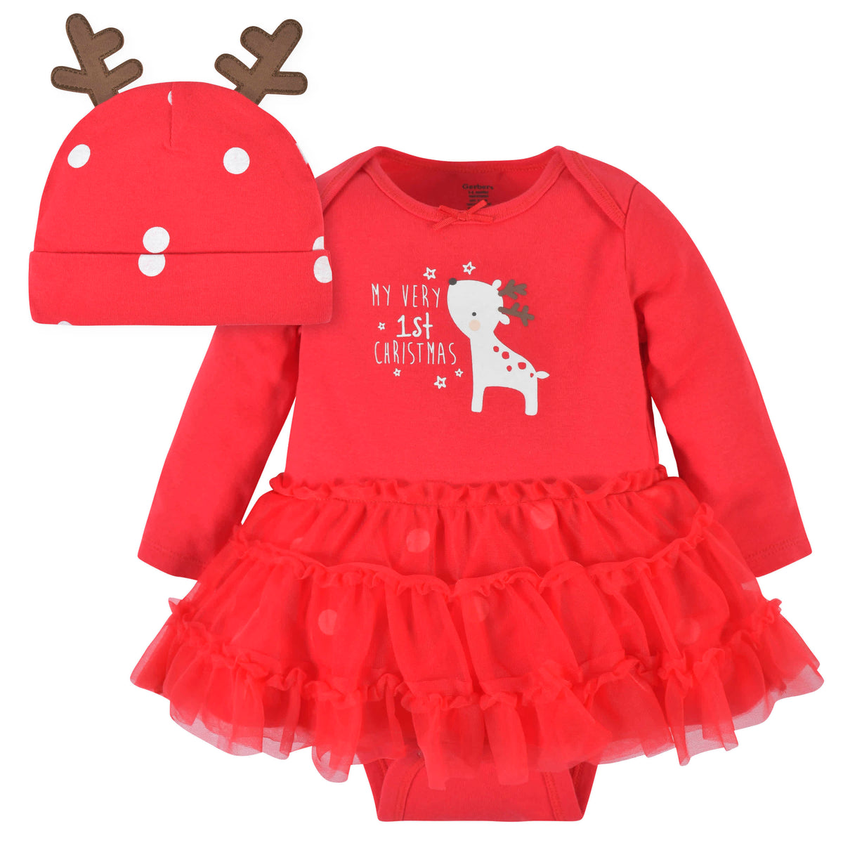 2-Piece Baby Girls Reindeer Skirted Onesies Bodysuit & Cap
