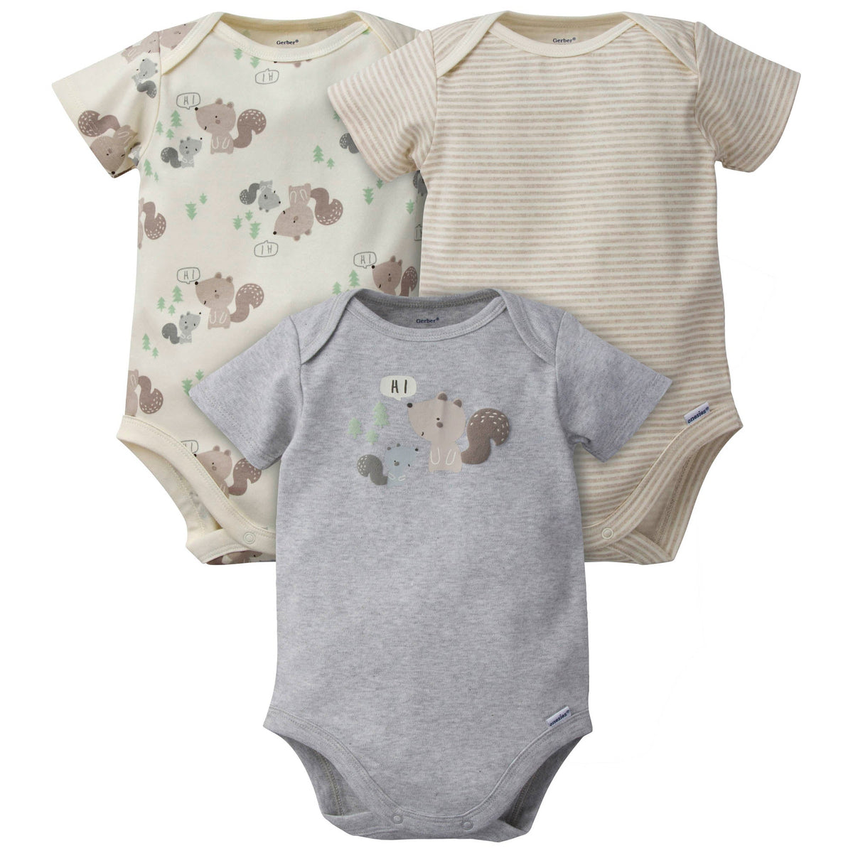 3-Pack Organic Baby Boys Squirrels Short Sleeve Onesies Brand Bodysuits