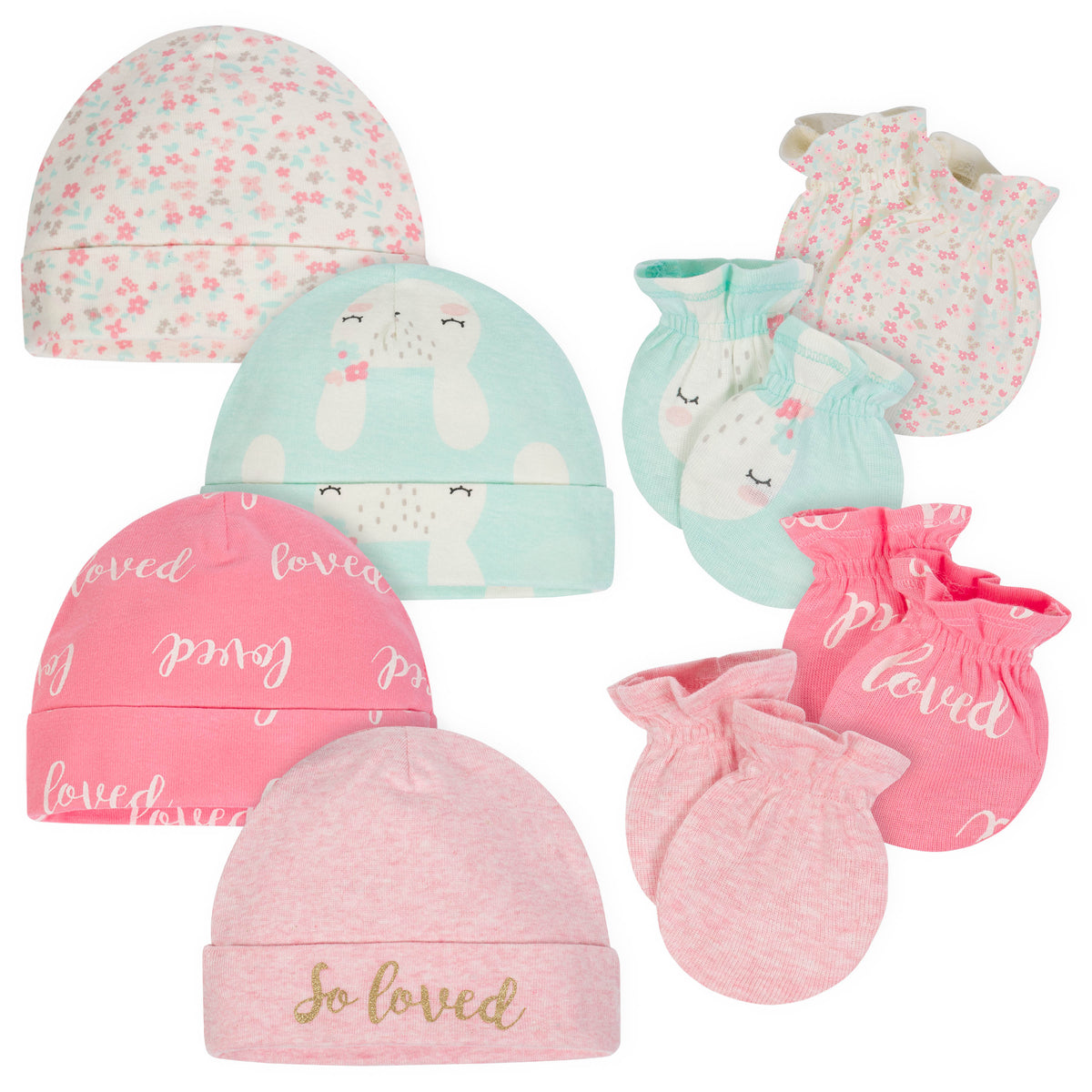 8-Piece Organic Baby Girls Floral Bunny Cap and Mitten Set