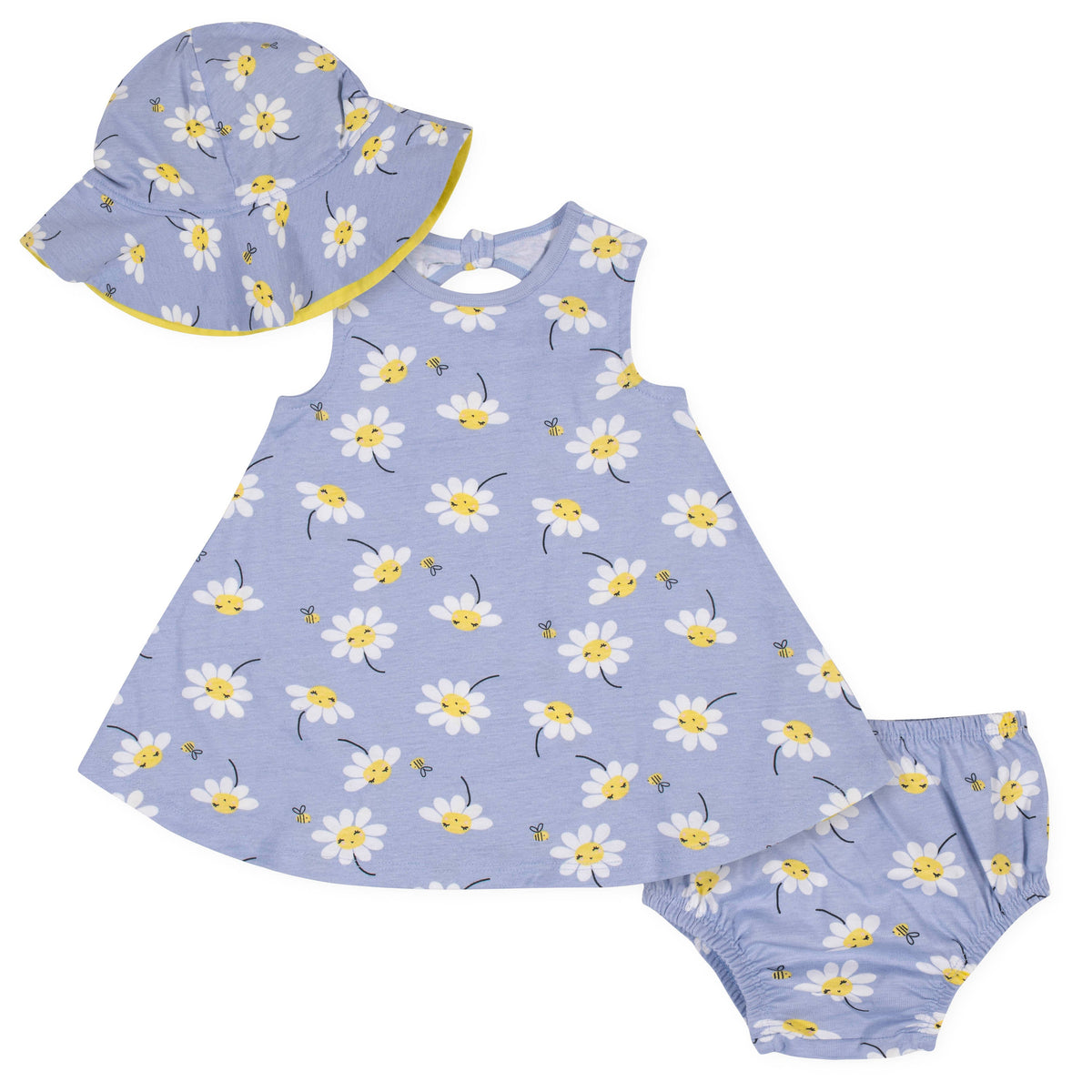 3-Piece Girls Daisies Dress, Diaper Cover, and Hat Set