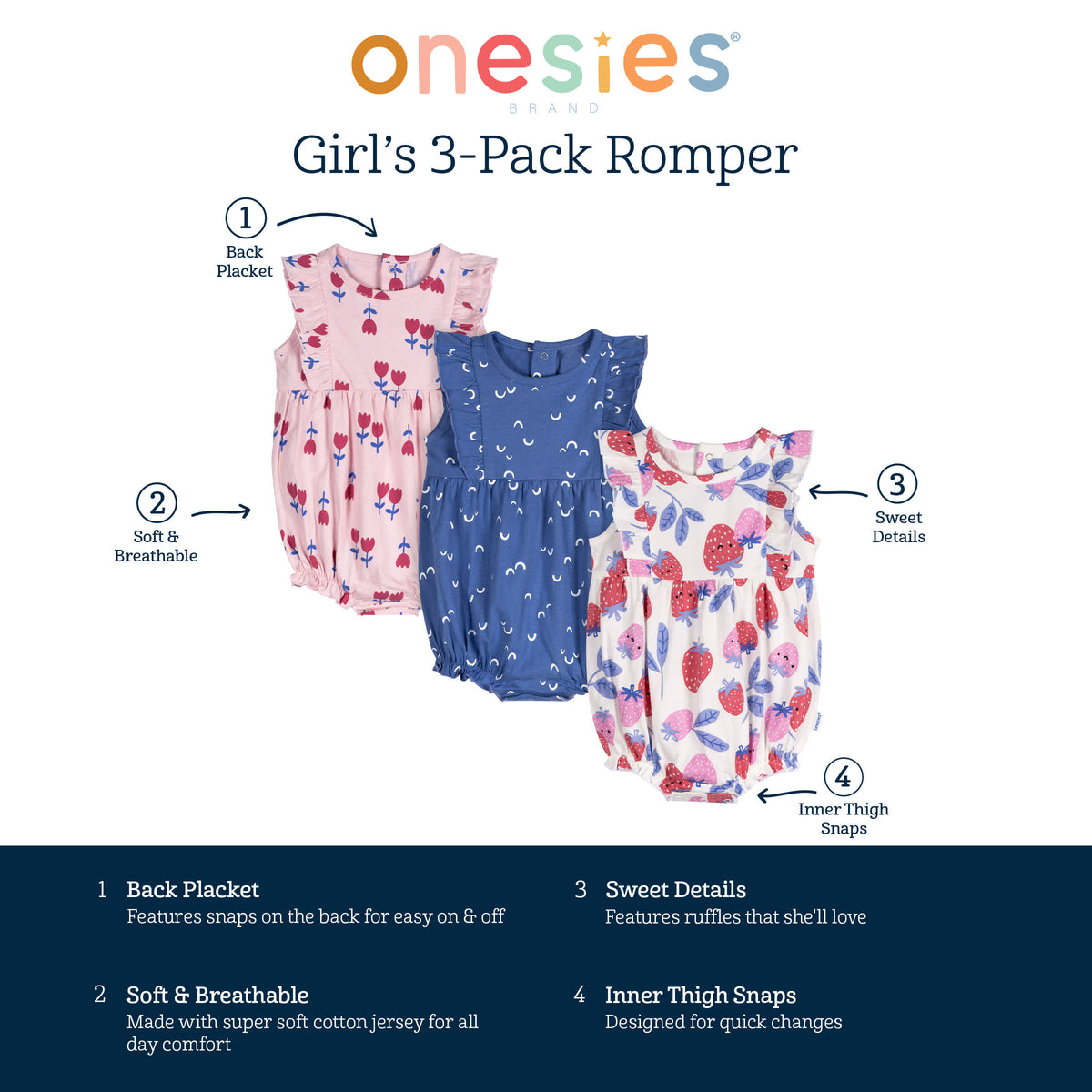 3-Pack Baby Girls Strawberries Rompers, view 8