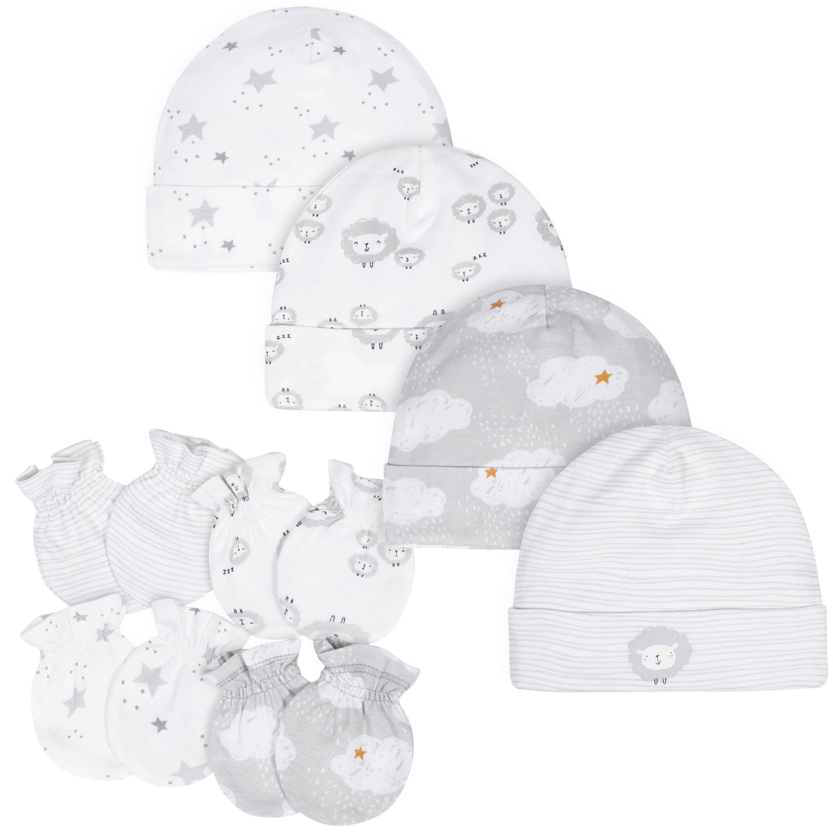 8-Piece Baby Neutral Sheep Caps and Mittens Bundle