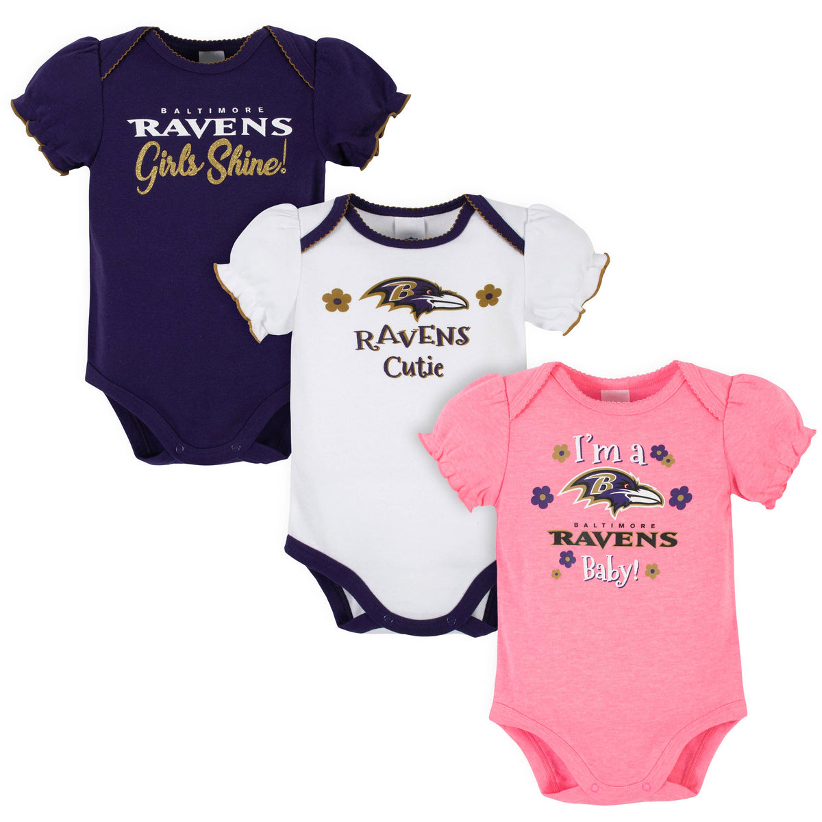 3-Pack Baltimore Ravens Short Sleeve Bodysuits