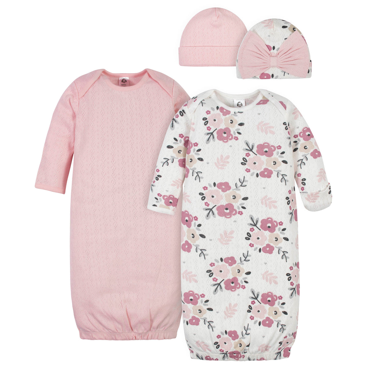 4-Piece Organic Baby Girls Floral Gowns & Caps