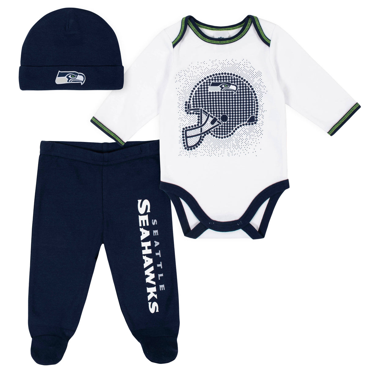 3-Piece Baby Boys Seahawks Bodysuit, Pant, and Cap Set