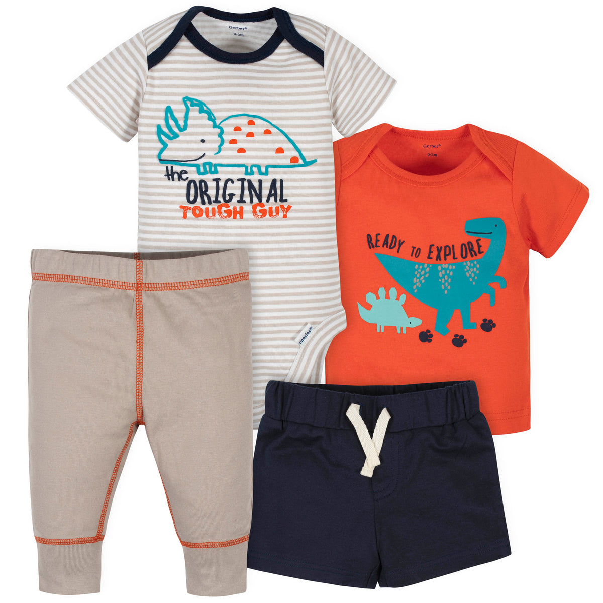4-Piece Baby Boys Dinosaurs Onesies Bodysuit, Short, Shirt and Active Pant Set