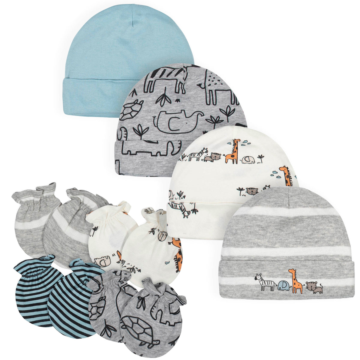 8-Piece Baby Boys Jungle Caps and Mittens Bundle