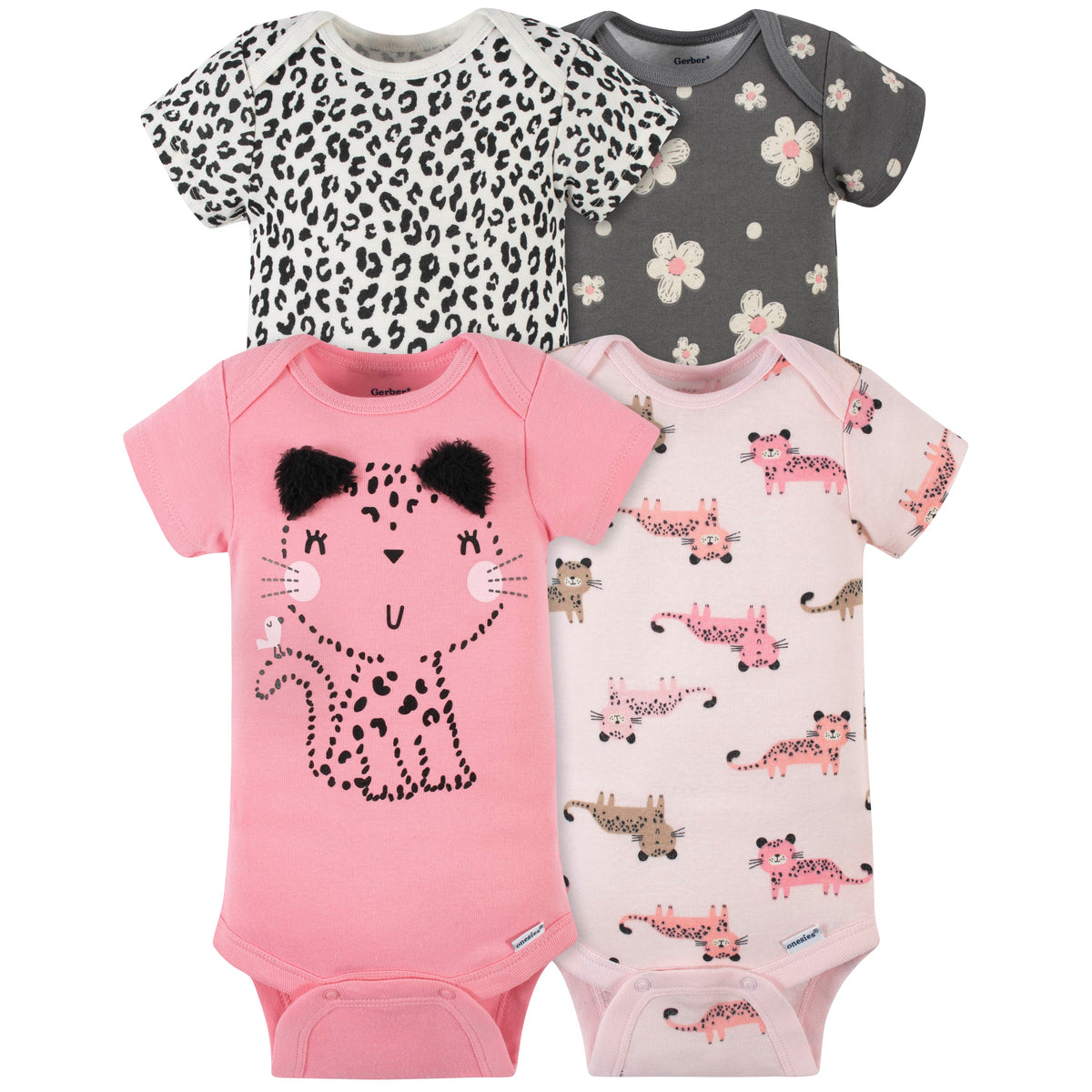 4-Pack Baby Girls Leopard Short Sleeve Onesies Brand Bodysuits