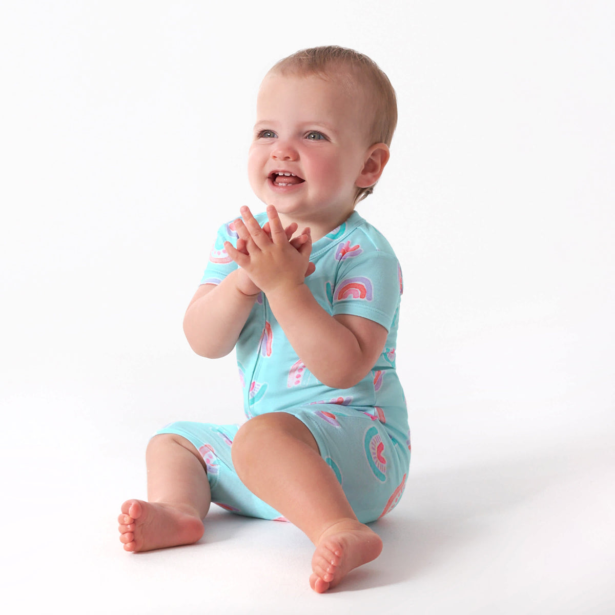 Baby Girls Rainbow Sky Buttery Soft Viscose Made from Eucalyptus Snug Fit Romper, view 1