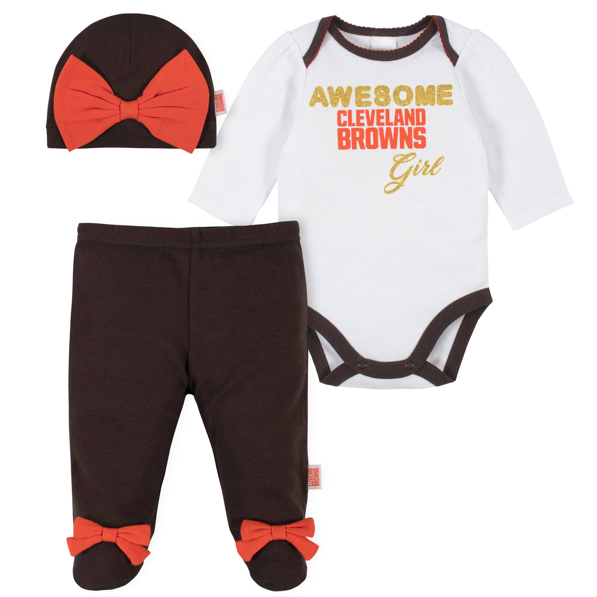 3-Piece Cleveland Browns Bodysuit, Pant, and Cap Set