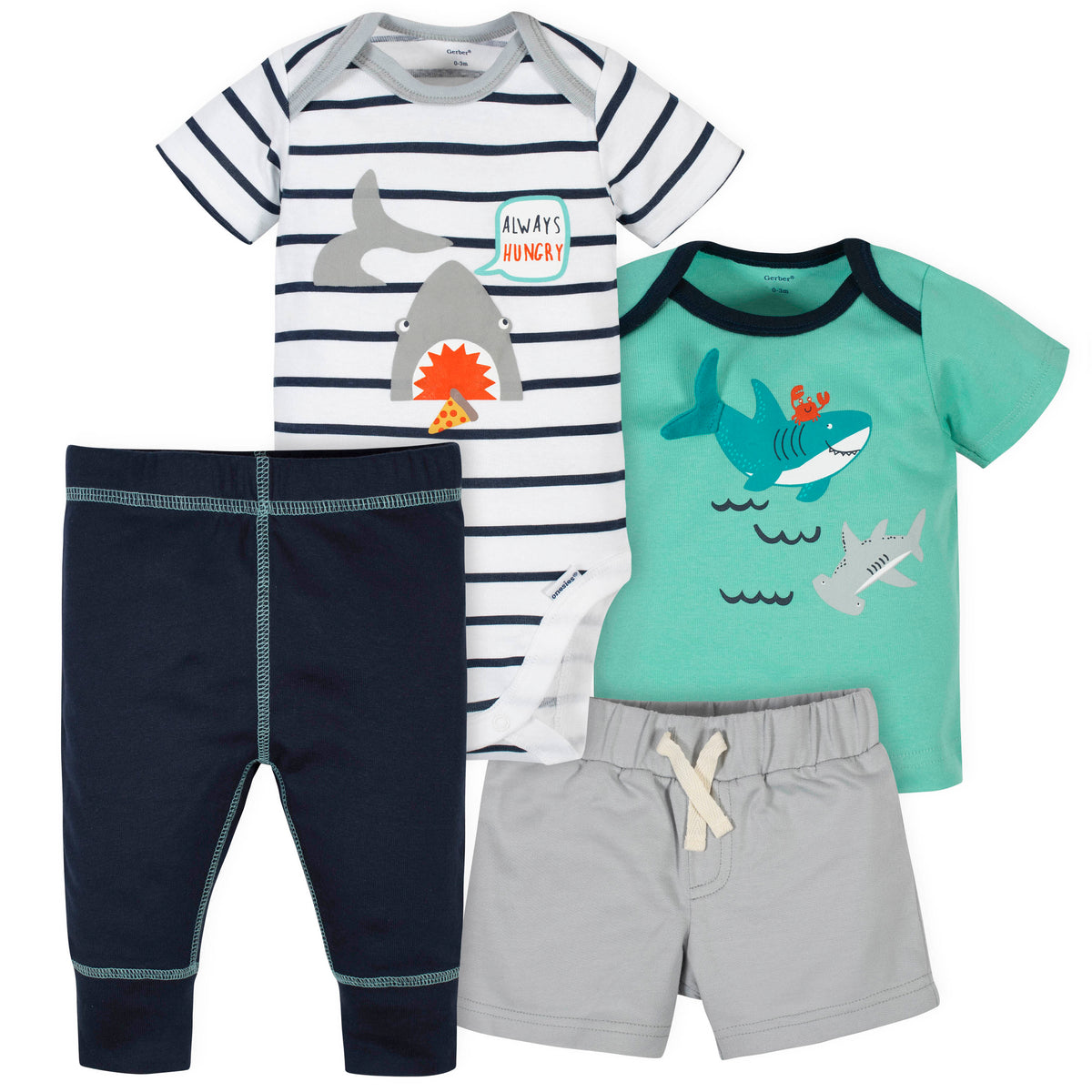 4-Piece Baby Boys Shark Onesies Bodysuit, Short, Shirt and Active Pant Set