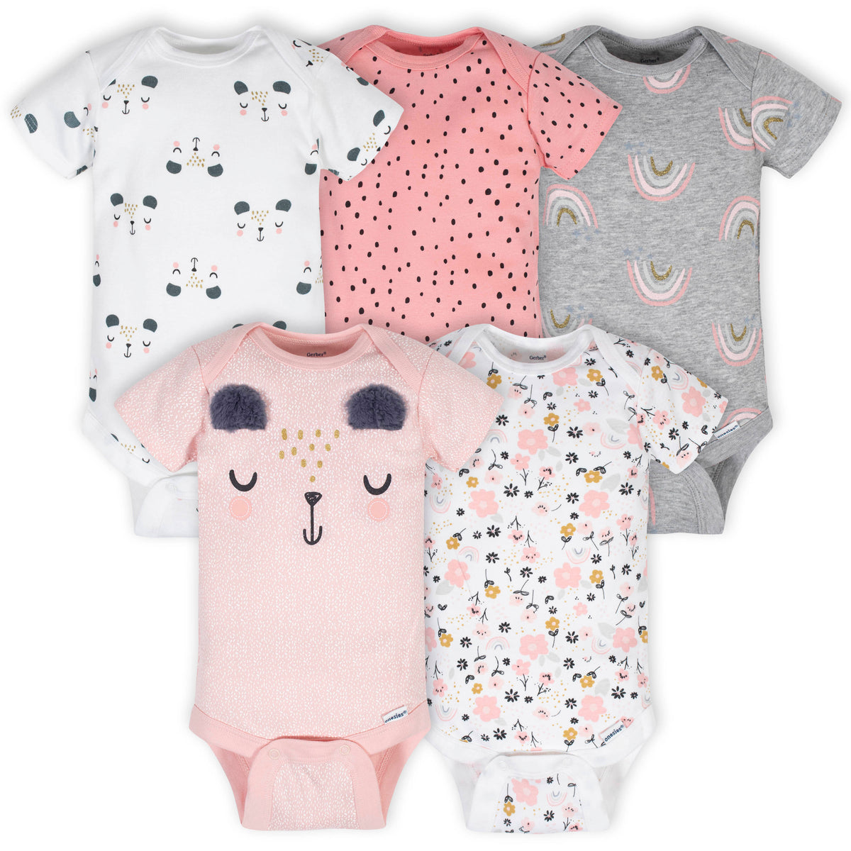 5-Pack Baby Girls Bear Short Sleeve Onesies Bodysuits