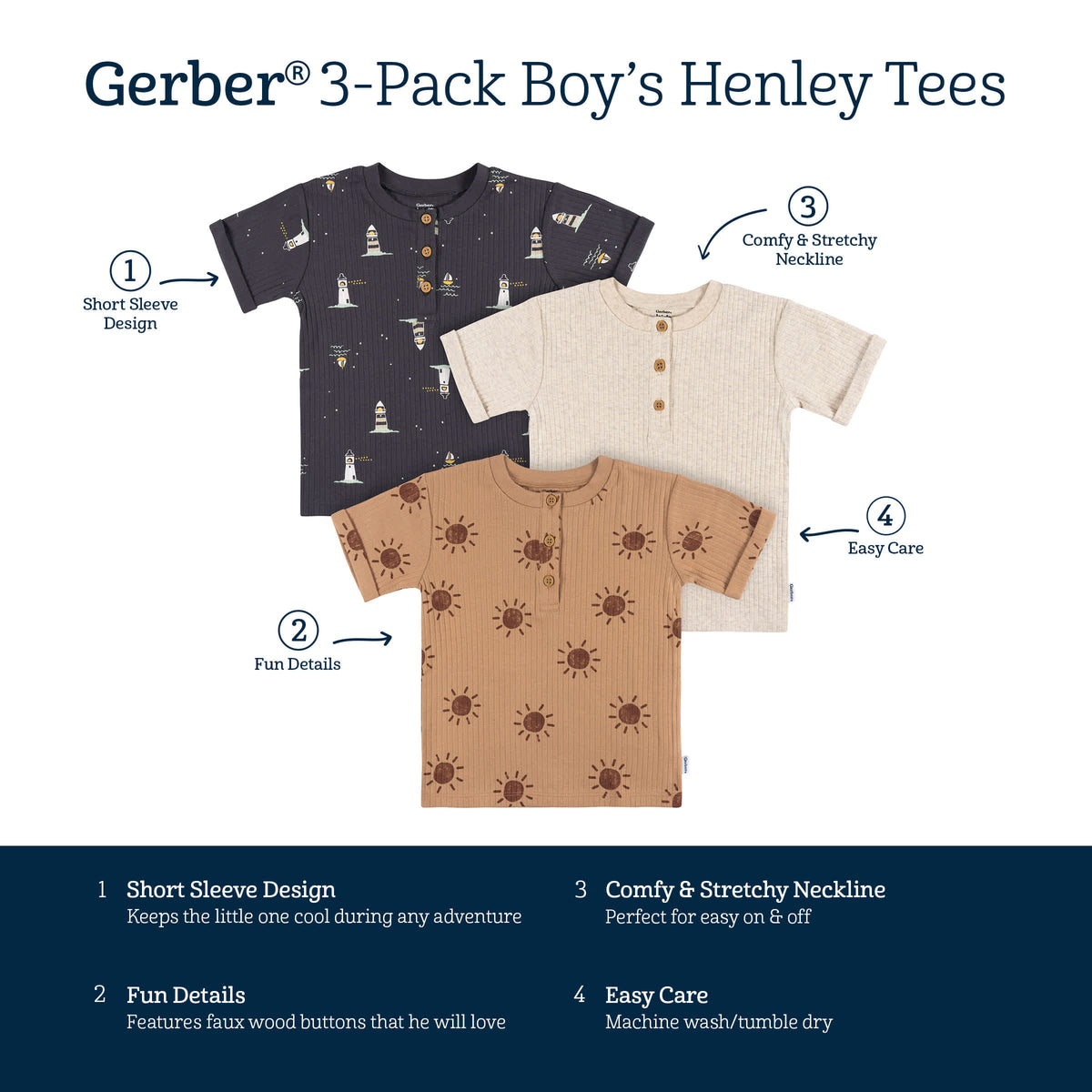 3-Pack Infant and Toddler Boys Sun Henley T-Shirts, view 6