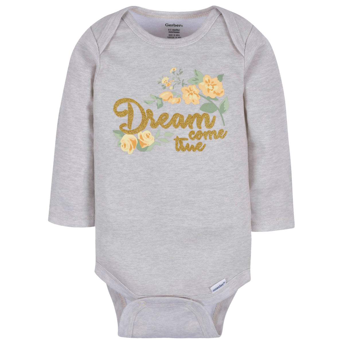3-Pack Baby Girls Golden Flowers Long Sleeve Onesies Bodysuits, view 2