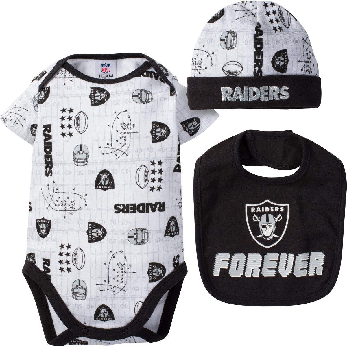 NFL 3- Baby Boys Raiders Short Sleeve Bodysuit, Bib and Cap Set