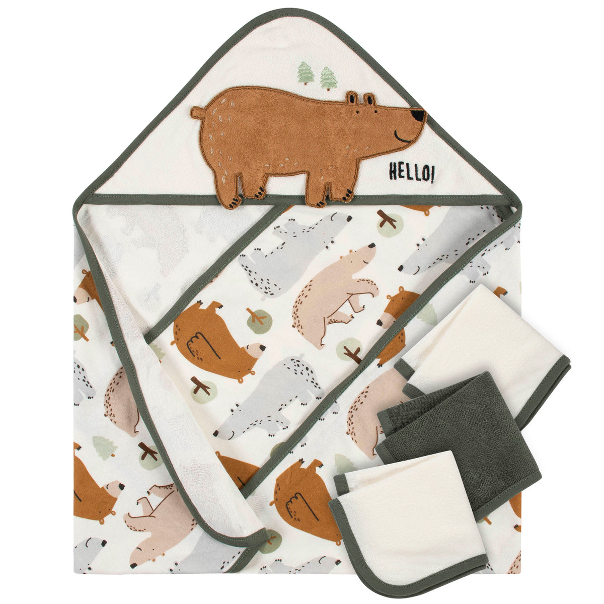 4-Piece Boys Bear Hooded Towel and Washcloths Set