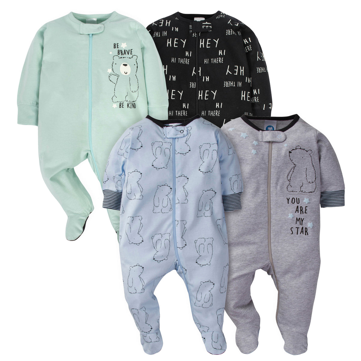 4-Pack Baby Boys Bear Zip Front Sleep ‘n Plays