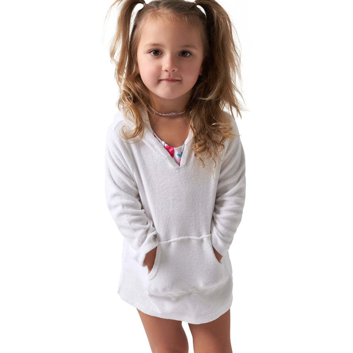 Baby & Toddler Girls White Hooded Kangaroo Pocket Terry Coverup, view 4