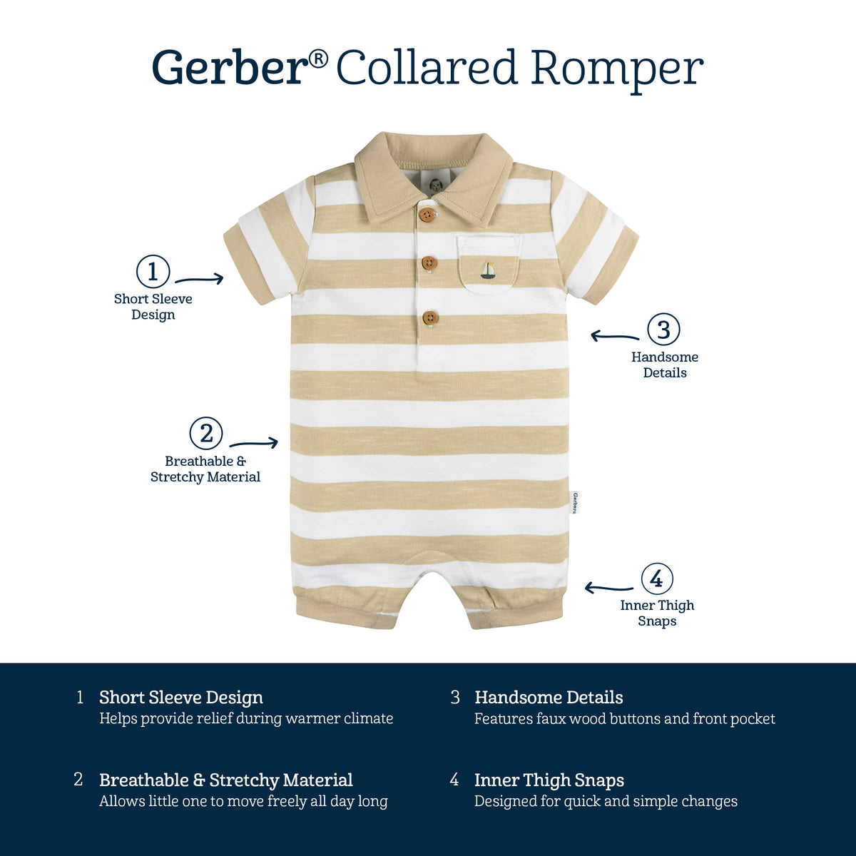 Baby Boys Sailboat Stripe Collared Romper, view 5
