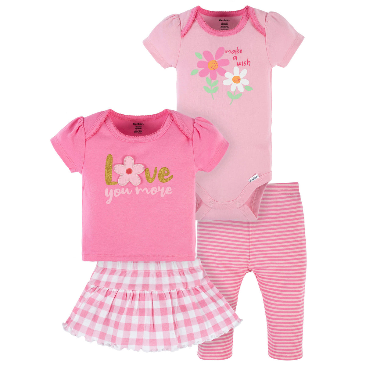 4-Piece Baby Girls Summer Blossom Onesies Bodysuit, Tee, Skort & Pant Set