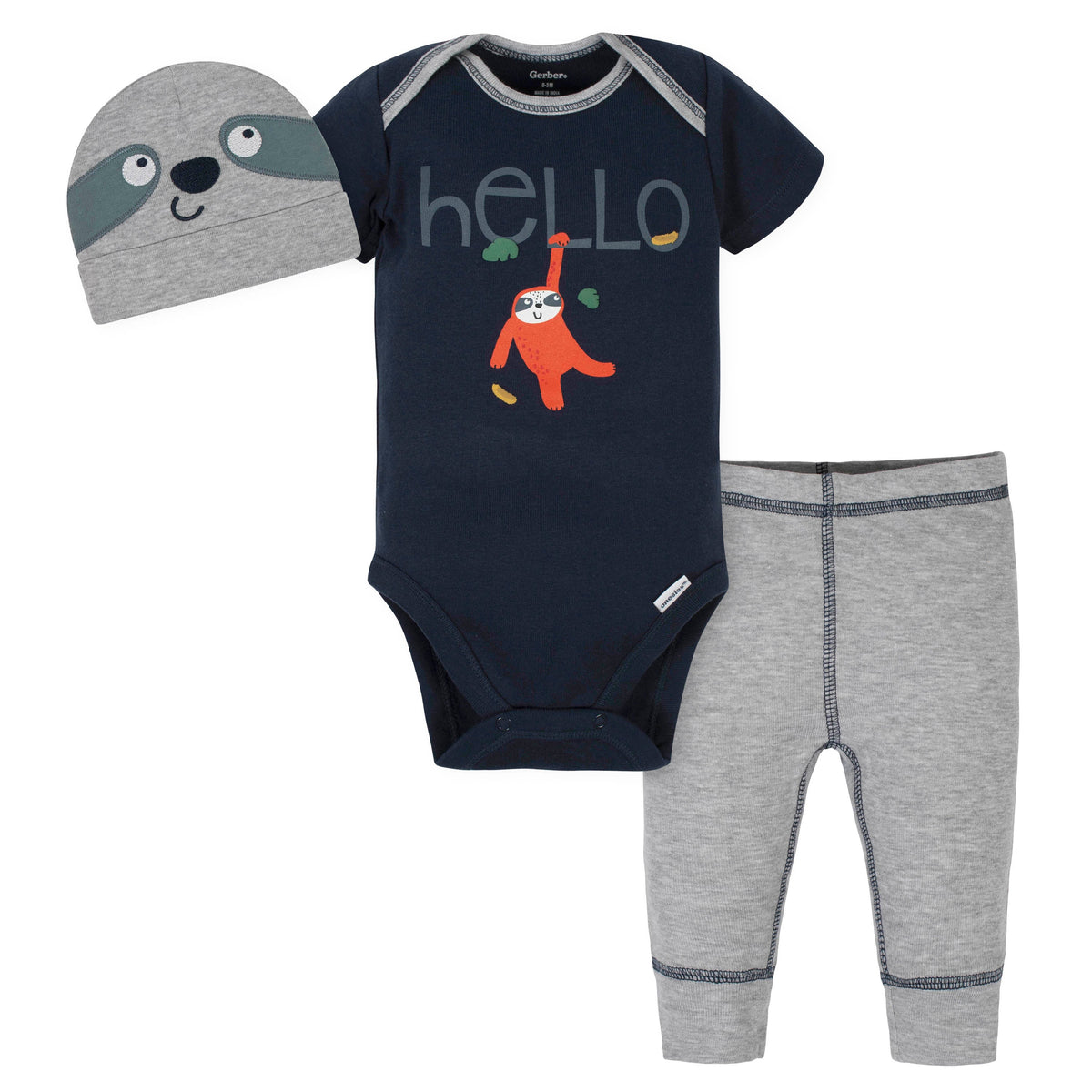 3-Piece Baby Boys Sloth Bodysuit, Pant, and Cap Set