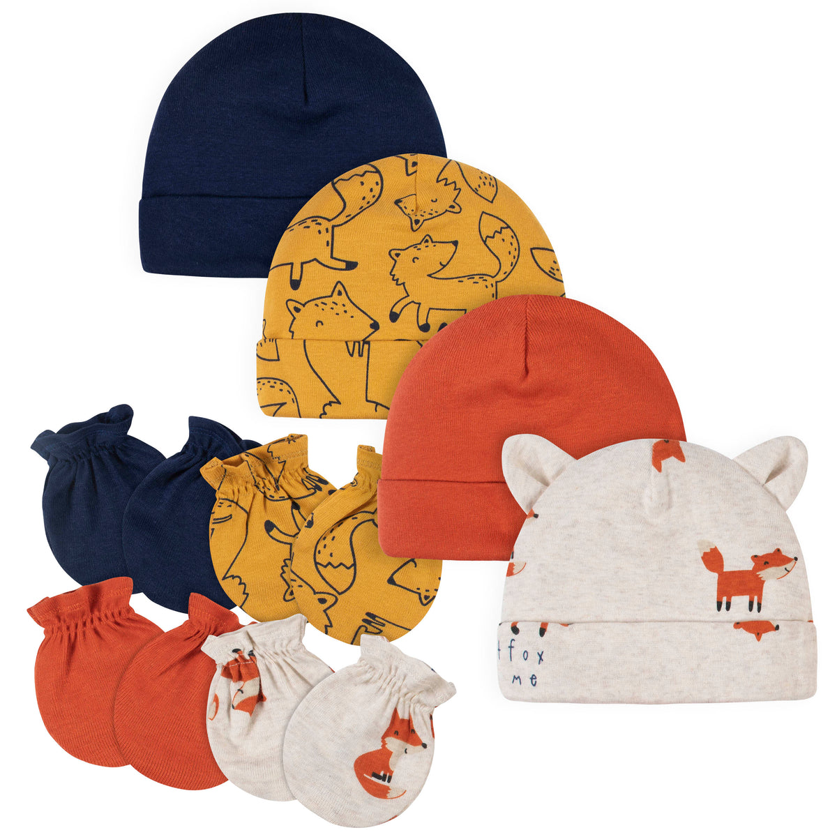 8-Piece Baby Neutral Fox Caps & Mittens Set