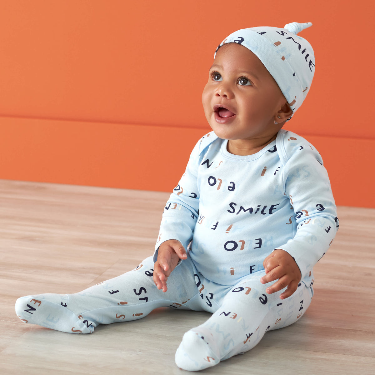 3-Piece Baby Boys Comfy Stretch "Smile" Long Sleeve Shirt, Footed Pant, & Cap Set, view 3