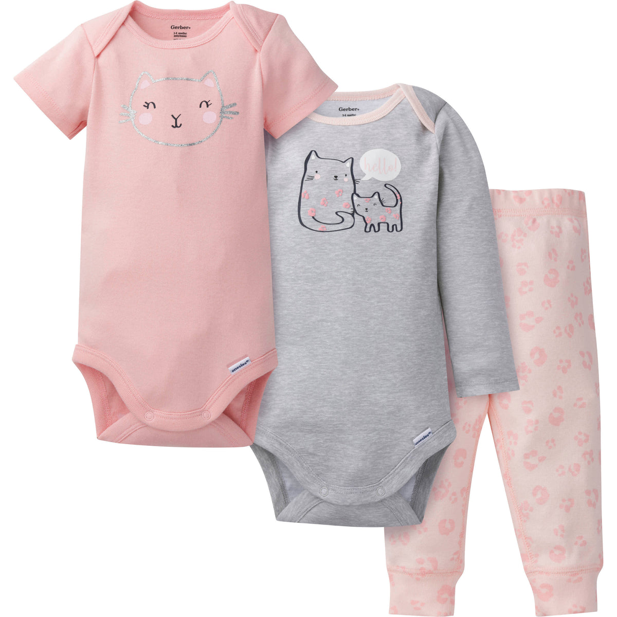 3-Piece Baby Girls Kitty Onesies Bodysuits & Pants Set