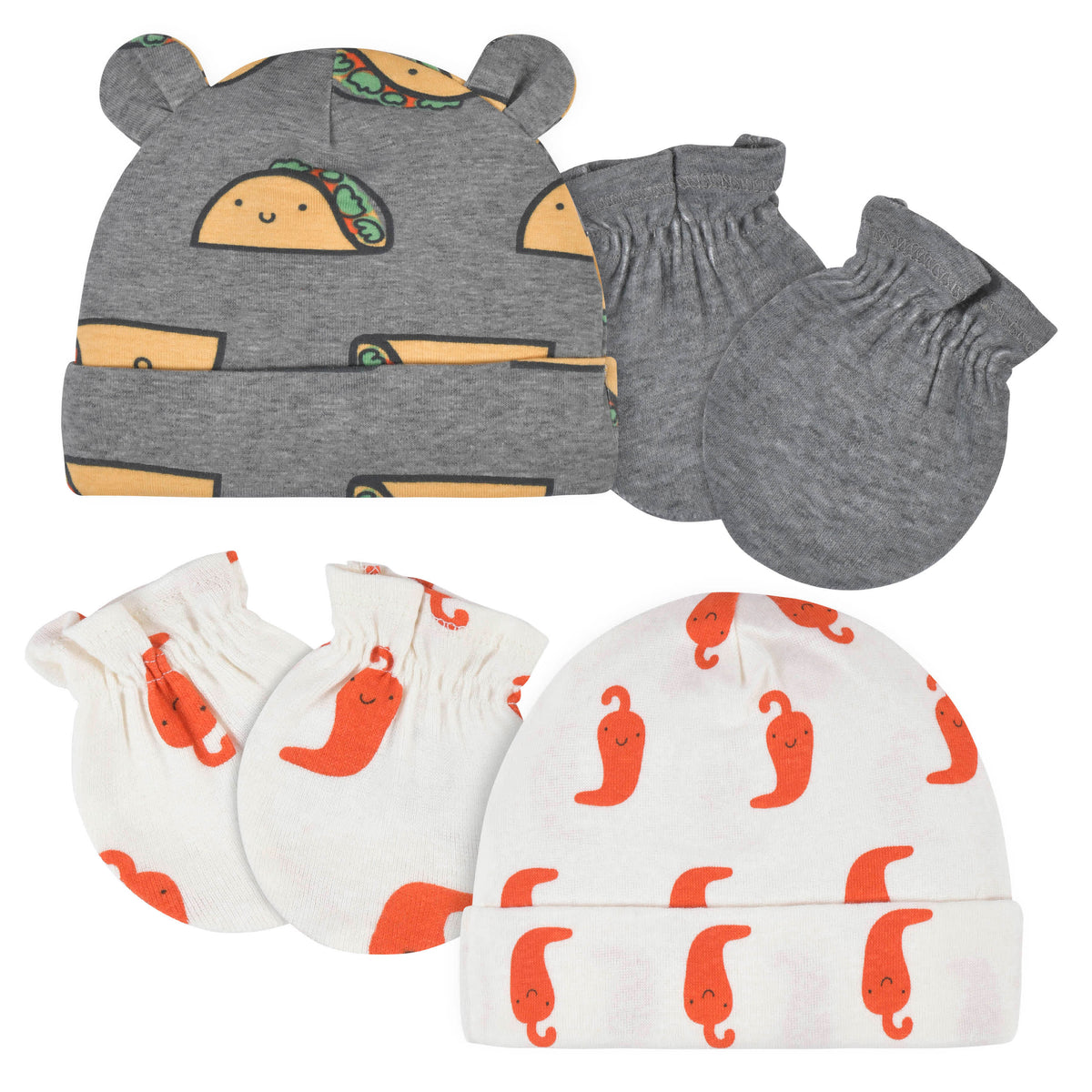 4-Piece Baby Neutral Tacos Caps & No Scratch Mittens Set