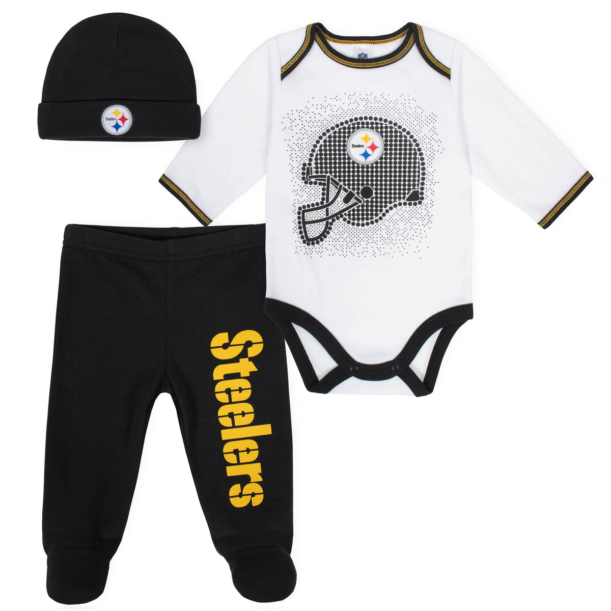 3-Piece Pittsburgh Steelers Bodysuit, Pant, and Cap Set
