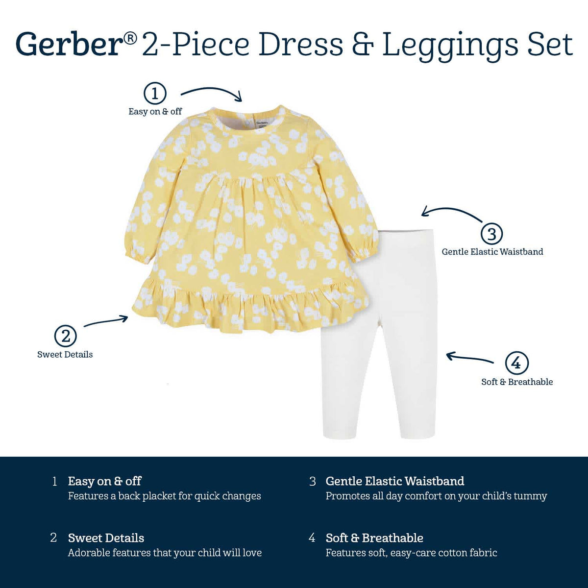2-Piece Baby & Toddler Girls Golden Flowers Long Sleeve Dress & Leggings Set, view 5
