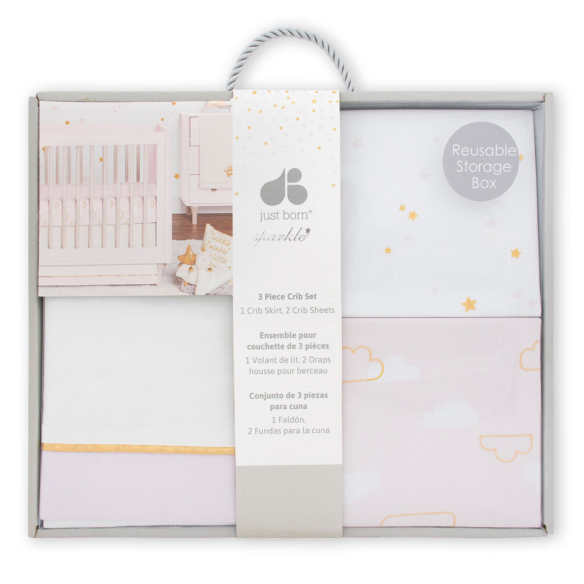 3-Piece Baby Girls Sparkle Pink Fitted Crib Sheets & Crib Skirt Set