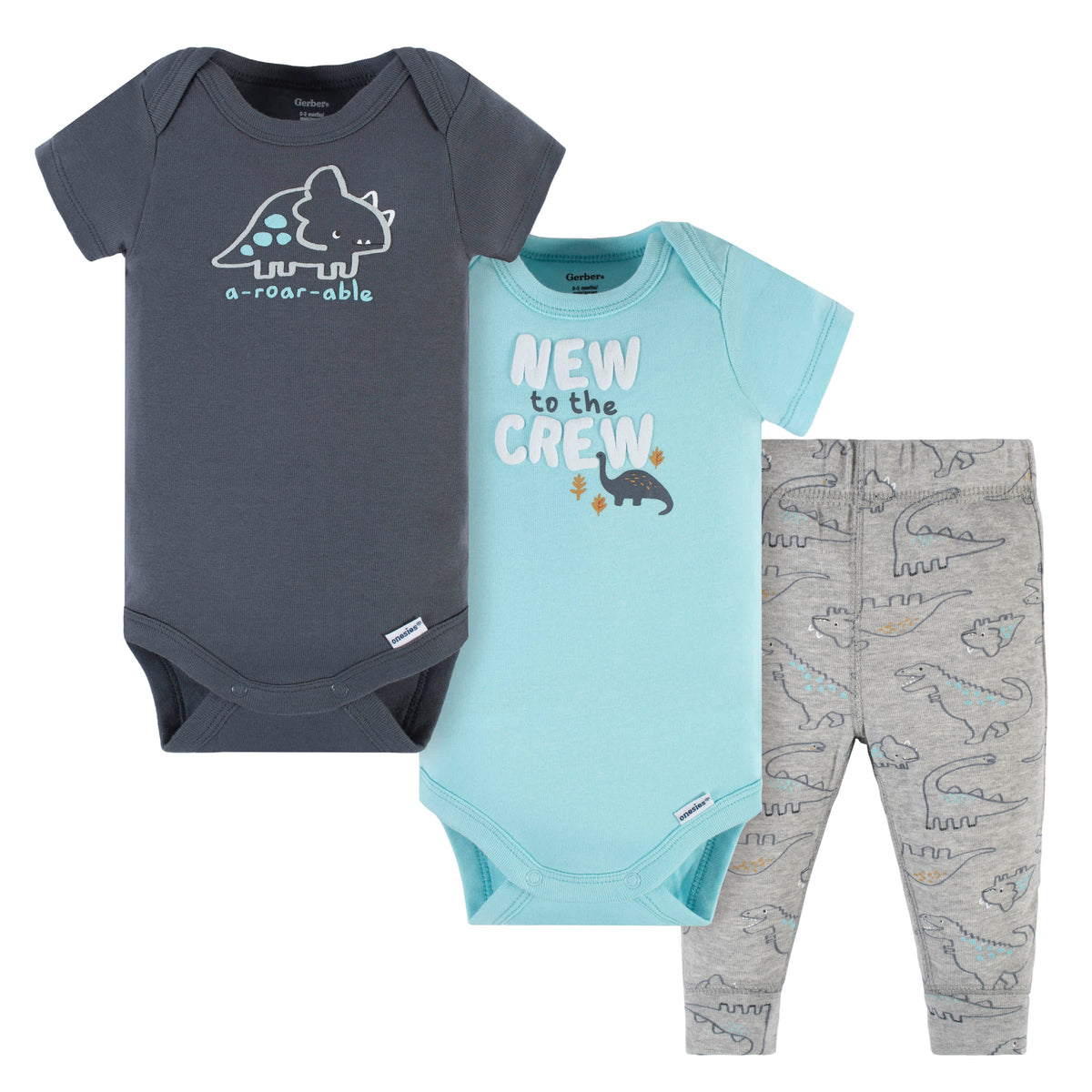 3-Piece Baby Boys Dino Blues Short Sleeve Onesies Bodysuits & Pants Set