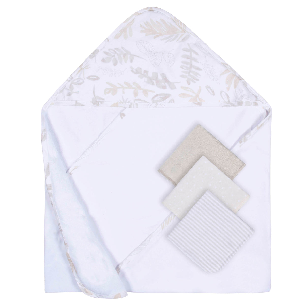 4-Piece Baby Neutral Natural Leaves Hooded Towel & Washcloths Set