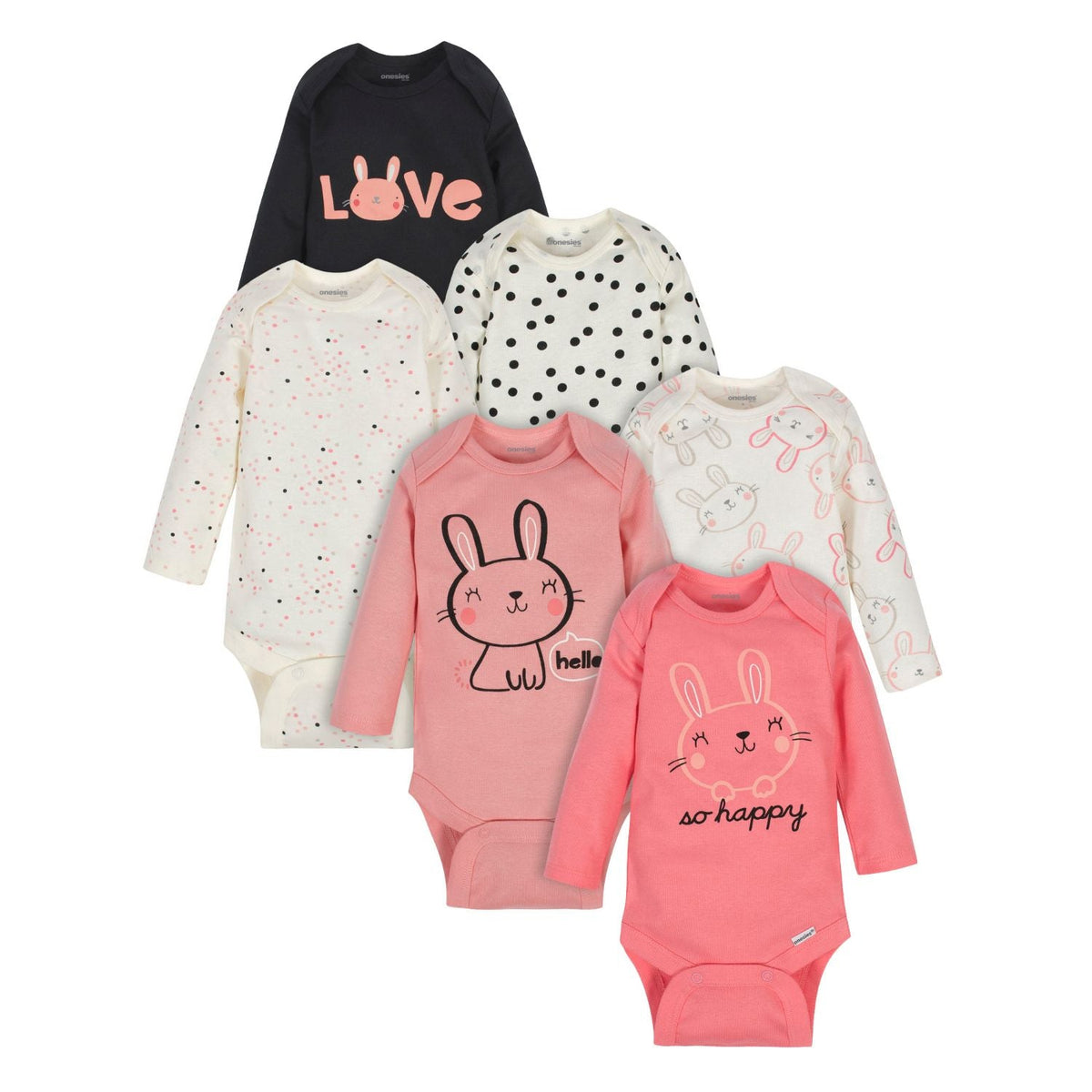 6-Pack Baby Girls Bunny Long Sleeve Onesies