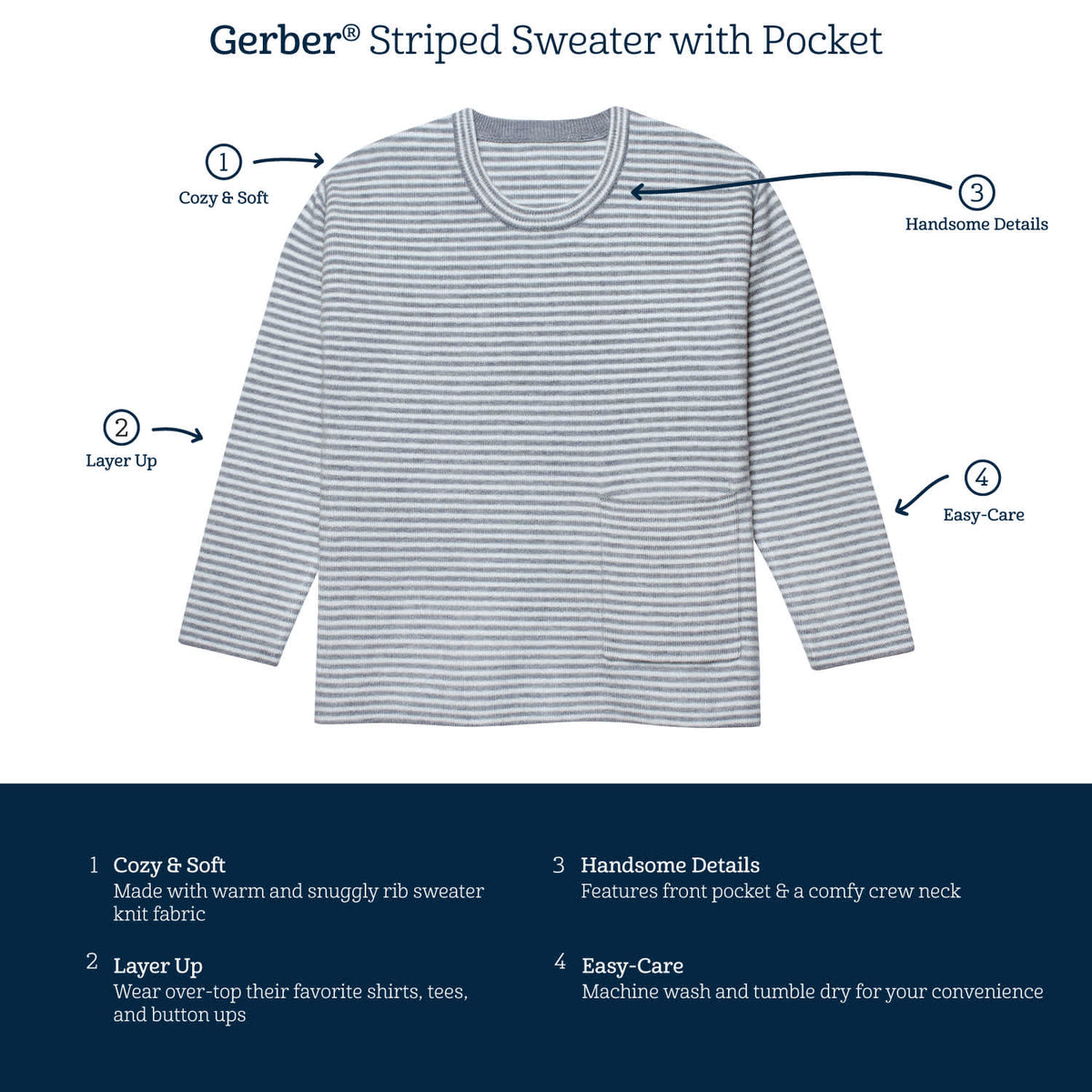 Infant & Toddler Gray Heather Striped Sweater With Pocket, view 4
