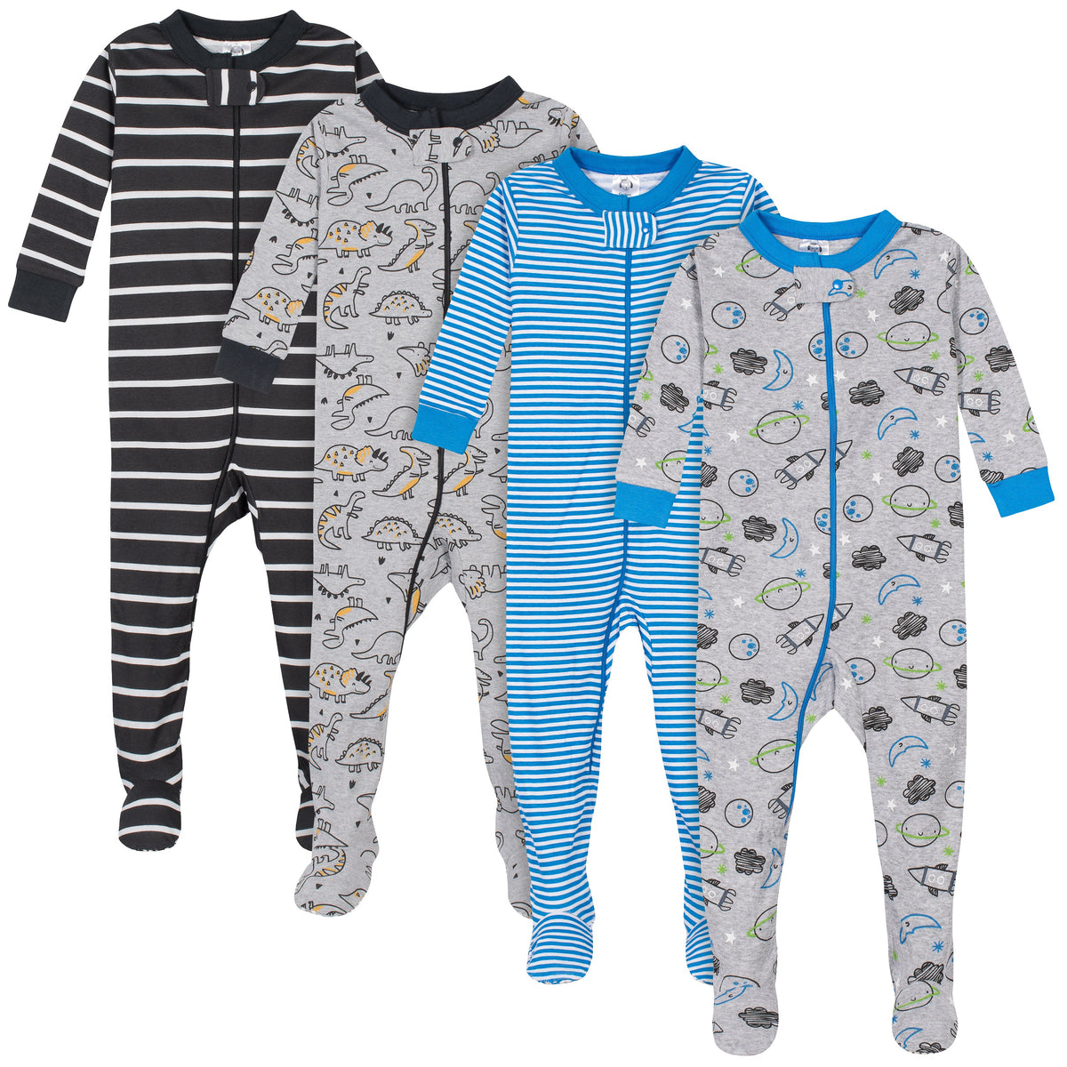 4-Pack Boys Dinosaurs & Space Snug Fit Footed Cotton Pajamas