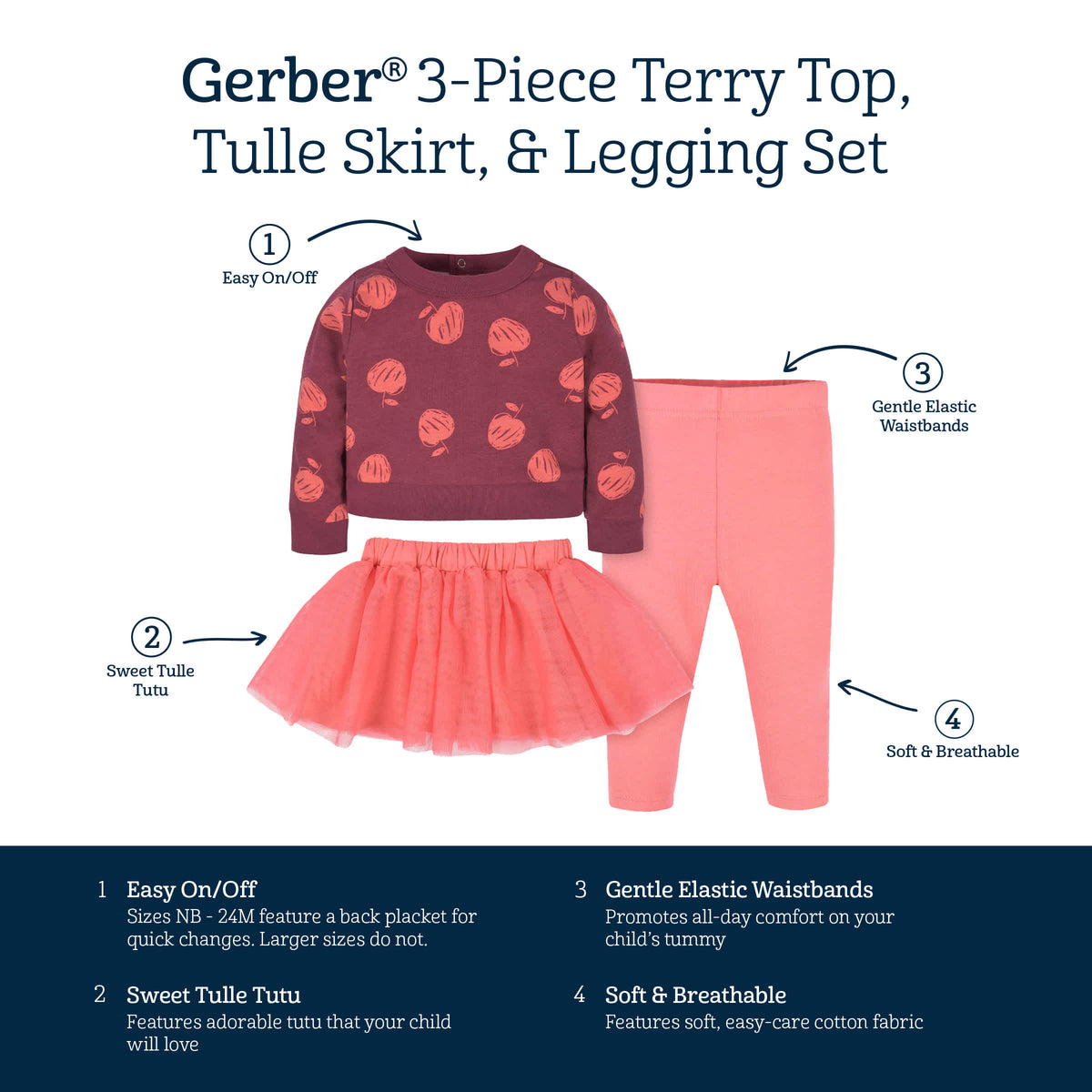 3-Piece Baby & Toddler Girls Apple Bouquets French Terry Top, Tulle Tutu, & Legging Set, view 7