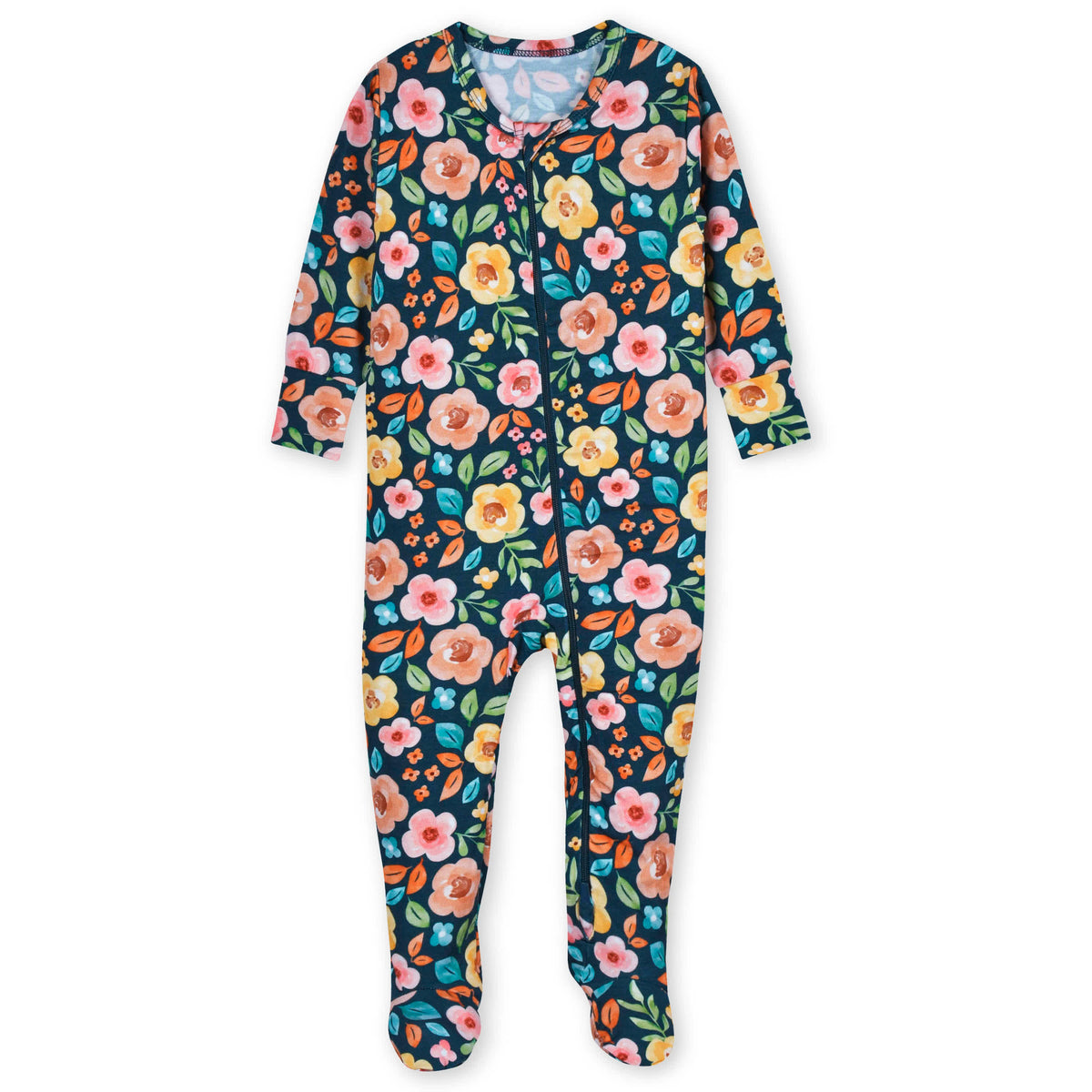 Baby & Toddler Girls Midnight Floral Buttery Soft Viscose Made from Eucalyptus Snug Fit Footed Pajamas, view 2
