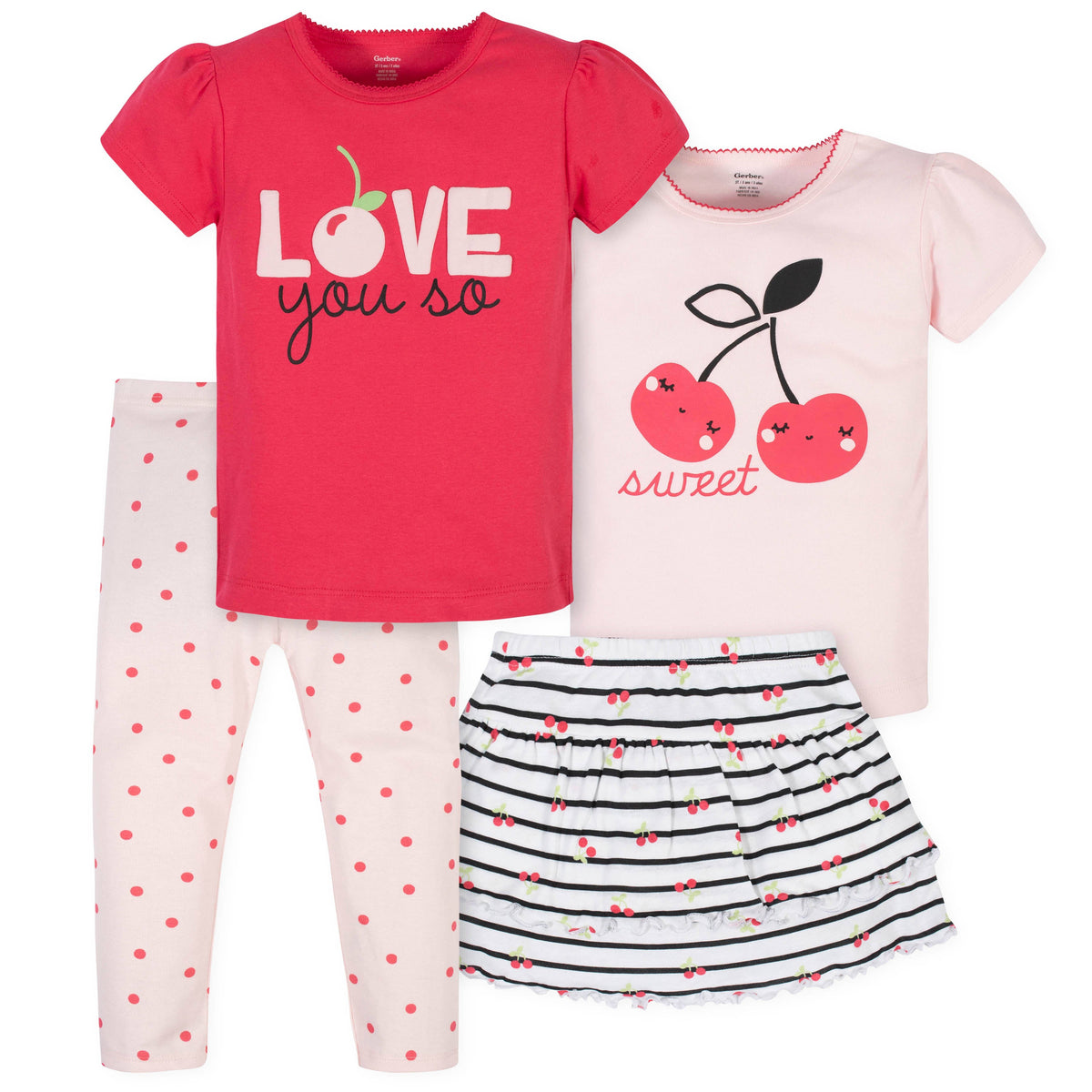 4-Piece Girls Cherries Skirted Panty, Shirts and Slim Pant Set