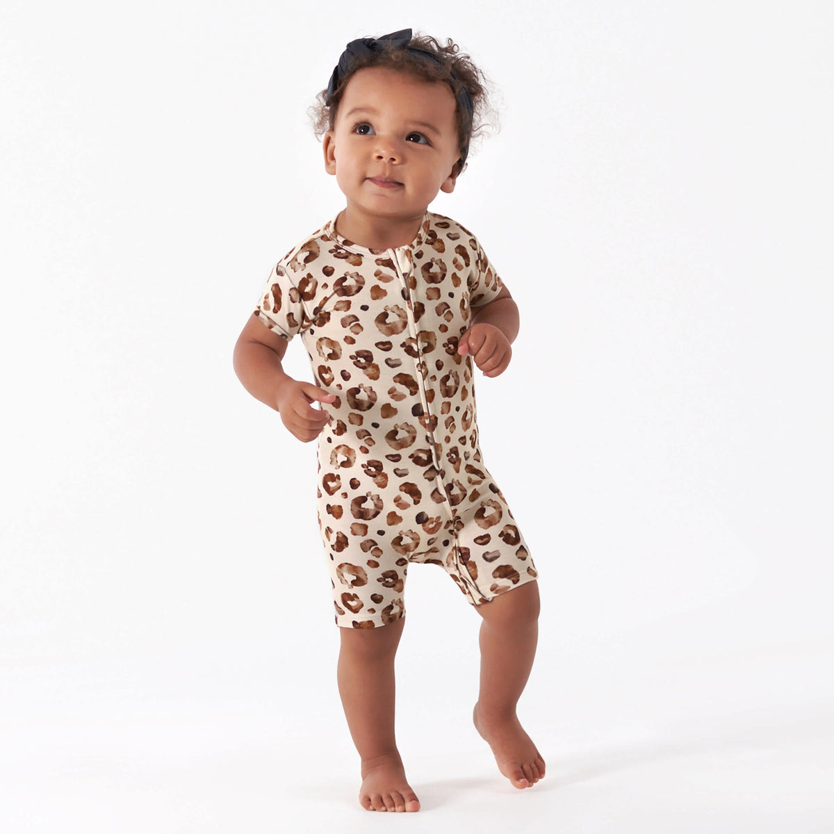 Baby Spotted Leopard Buttery Soft Viscose Made from Eucalyptus Snug Fit Romper, view 1