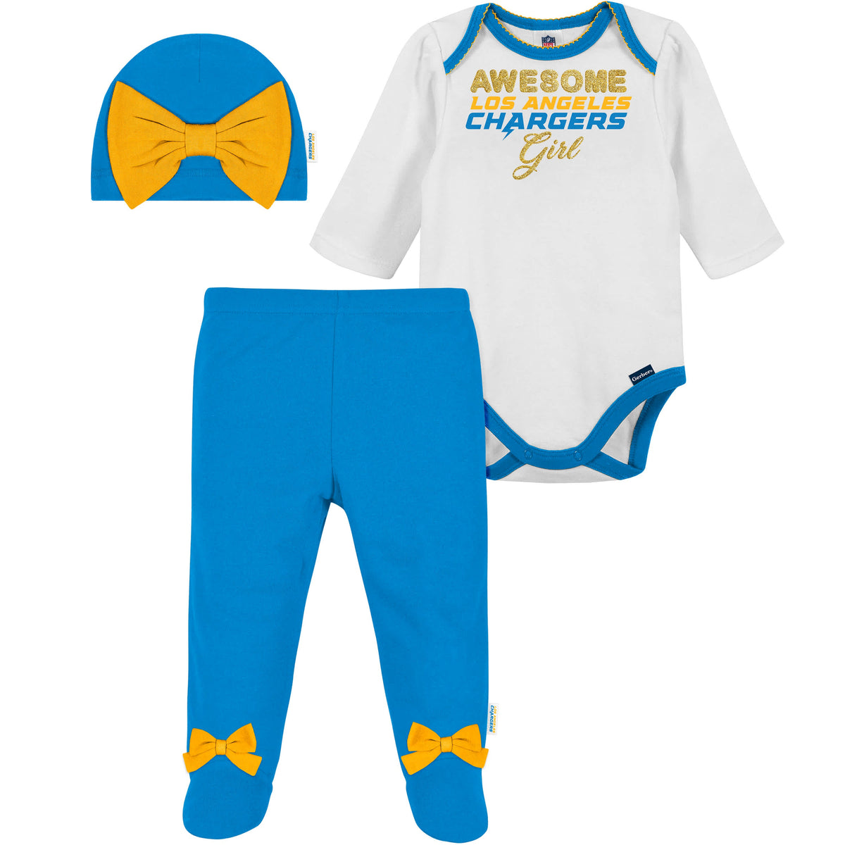 3-Piece Baby Girls Chargers Bodysuit, Footed Pant, & Cap Set