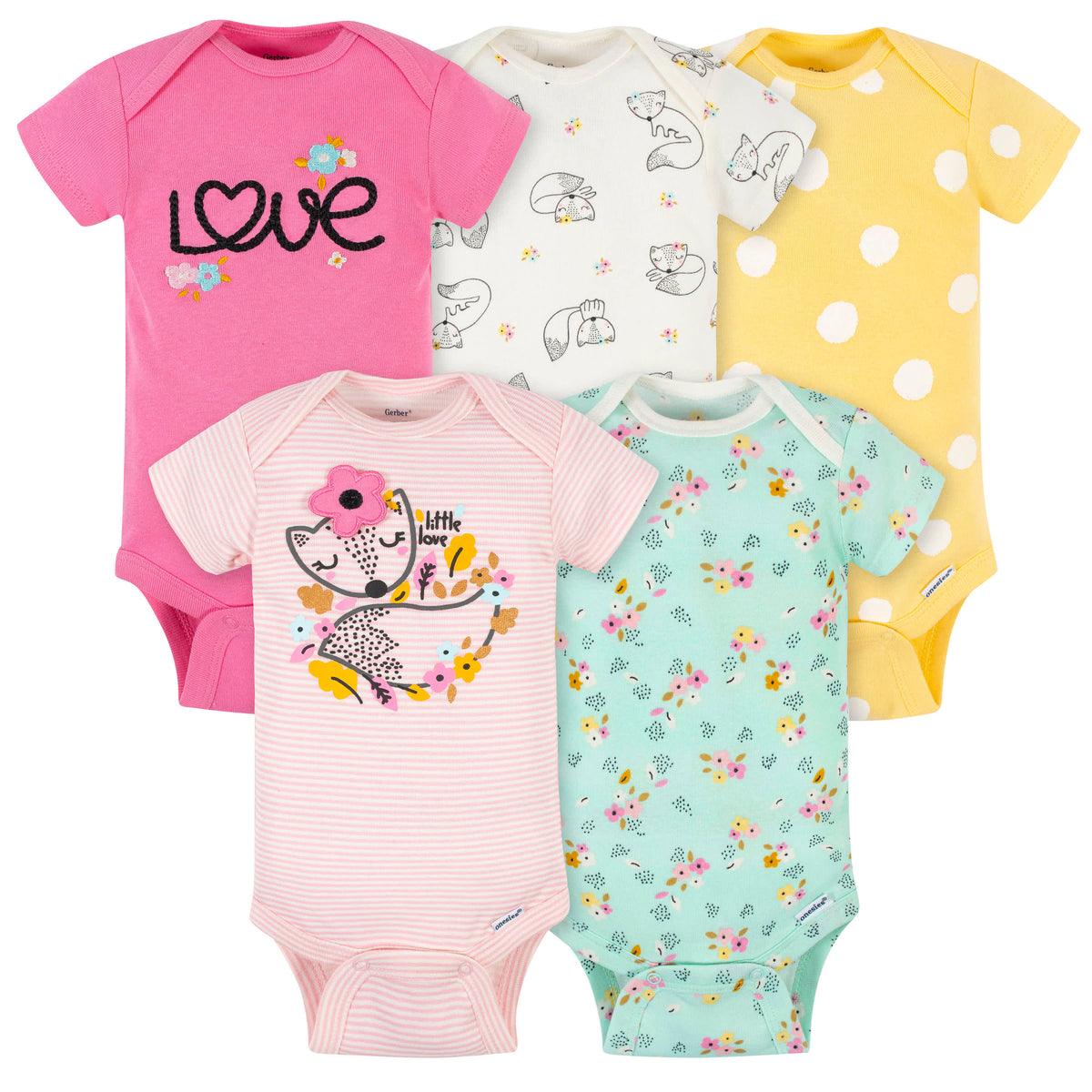 5-Pack Baby Girls Fox Short Sleeve Onesies Bodysuits