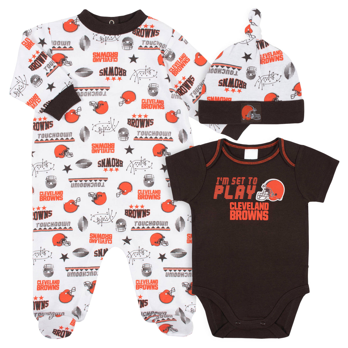 3-Piece Baby Boys Browns Bodysuit, Sleep 'N Play, and Cap Set