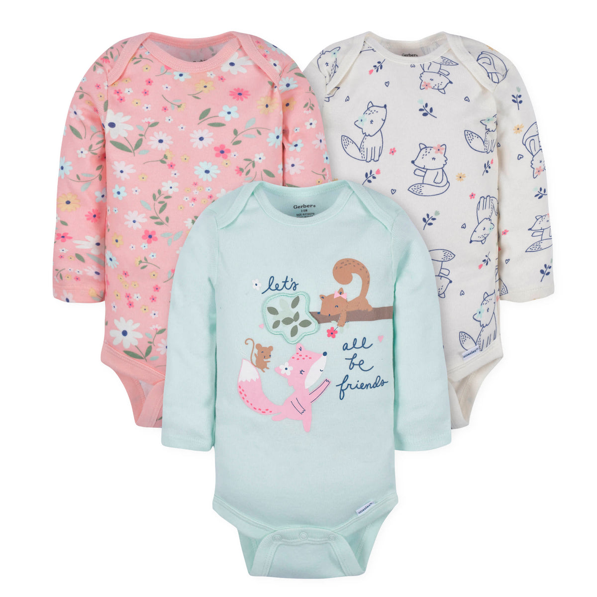 3-Pack Baby Girls Fox Long Sleeve Onesies Bodysuits
