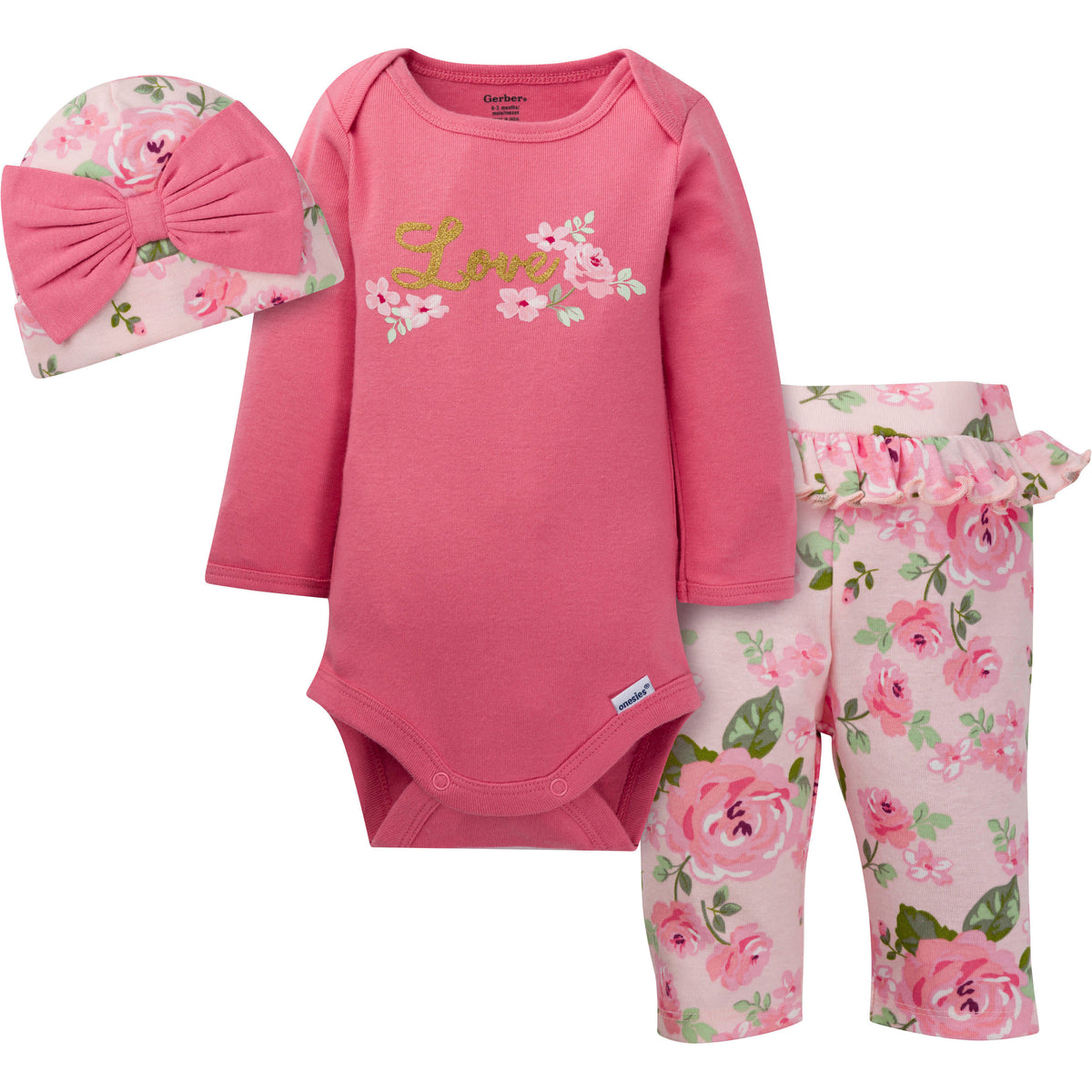 3-Piece Baby Girls Roses Onesies Bodysuit, Pant, & Cap Set