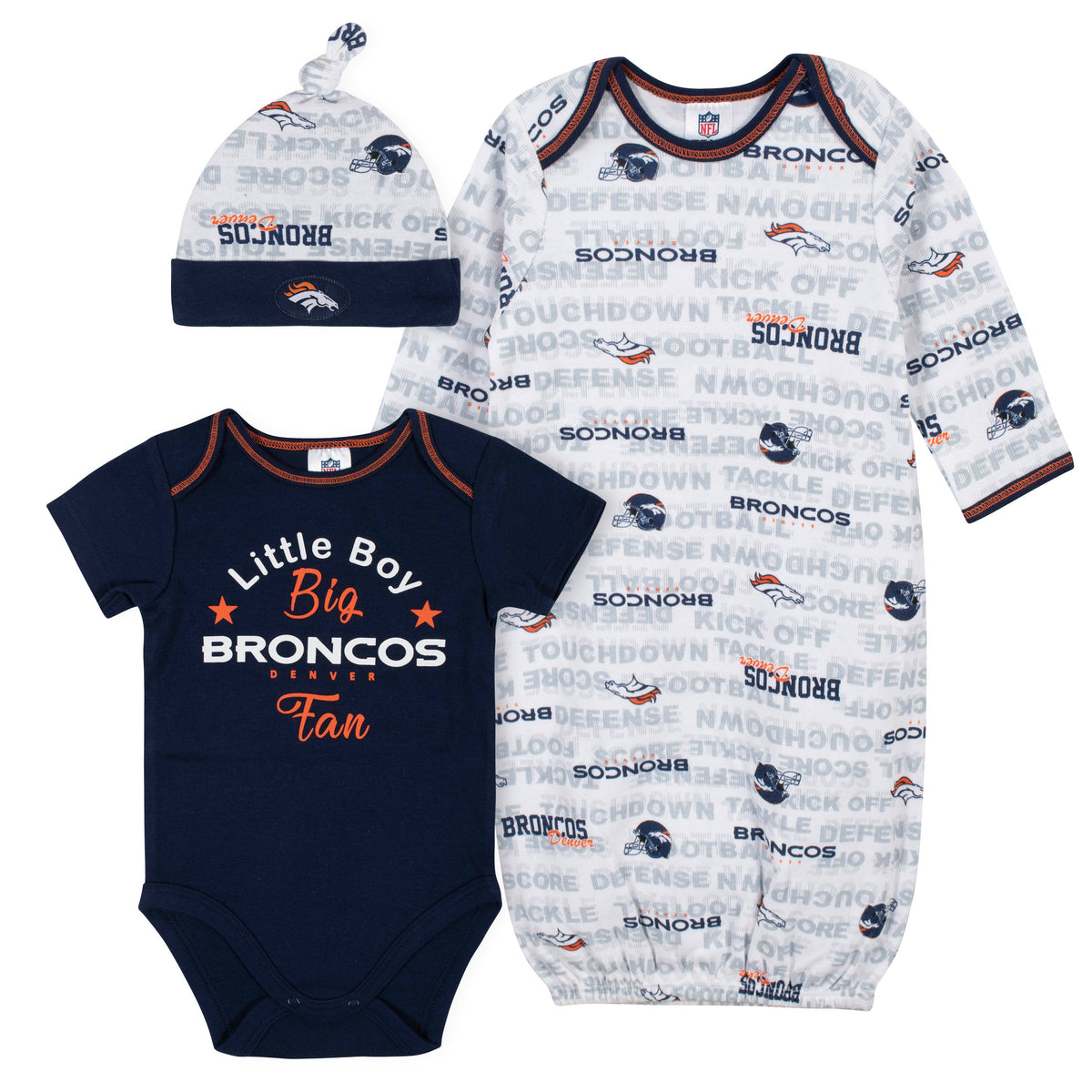 Baby Boys 3-Piece Denver Broncos Bodysuit, Gown, and Cap Set